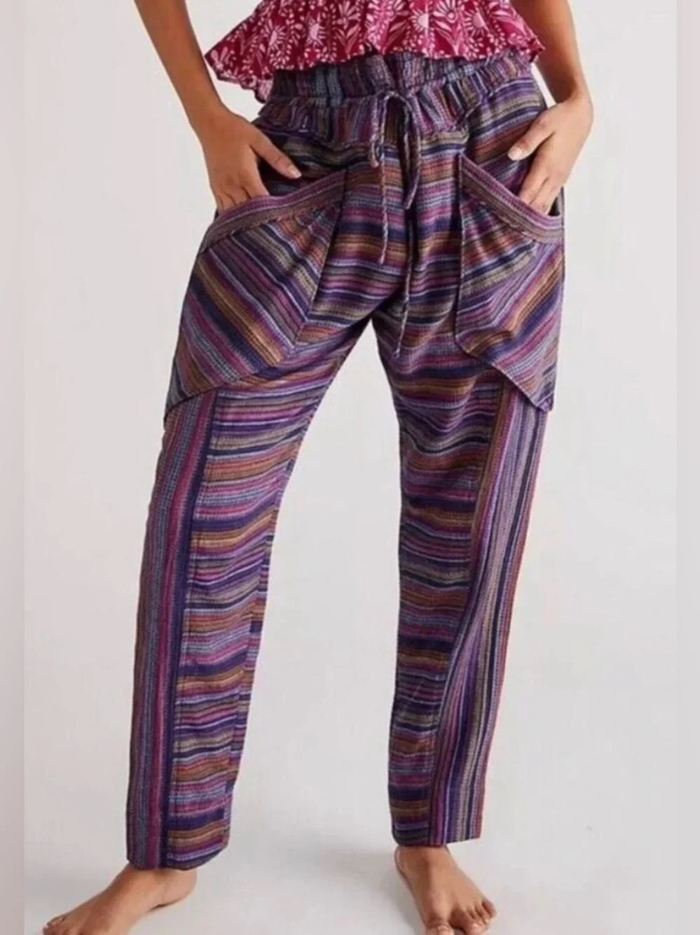 Free People Sweet Escape High Waist Harem Woven Striped Pants Pouch Pockets S